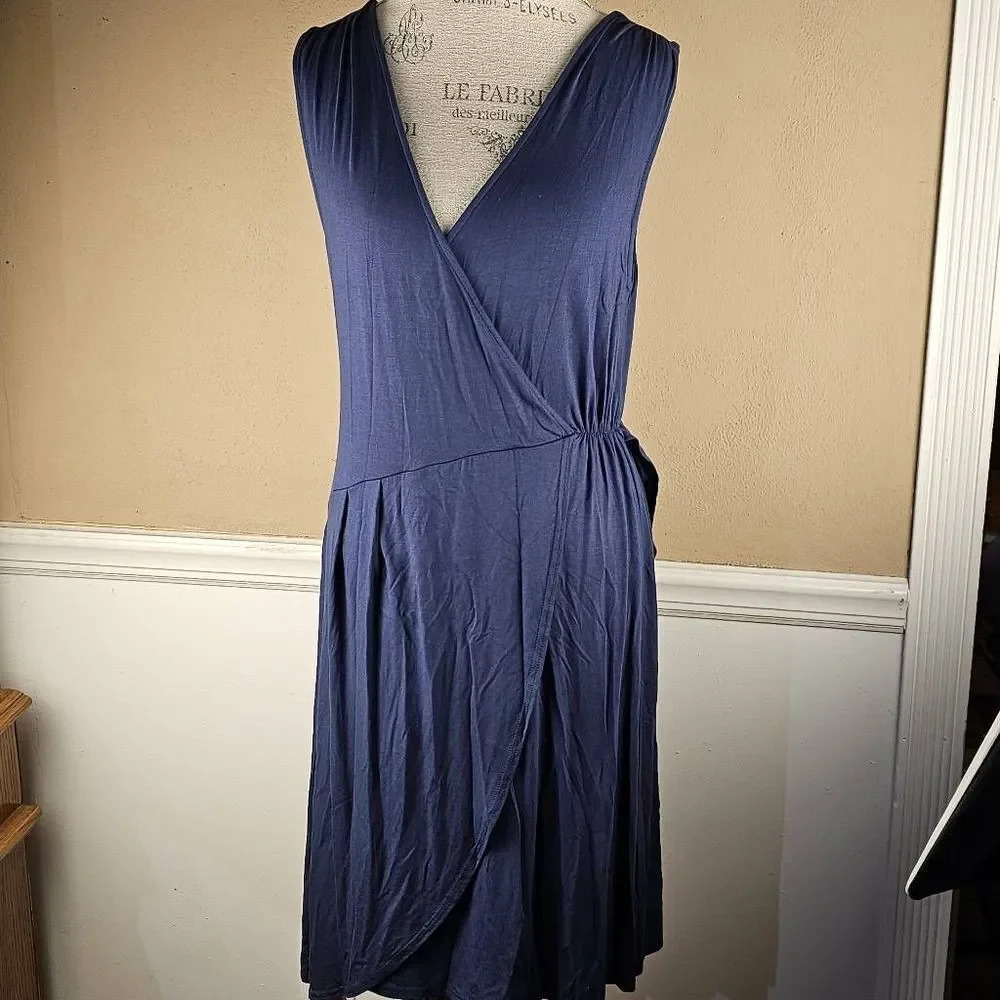 Garnet Hill Womens Blue Sleeveless Faux Wrap Dress Large